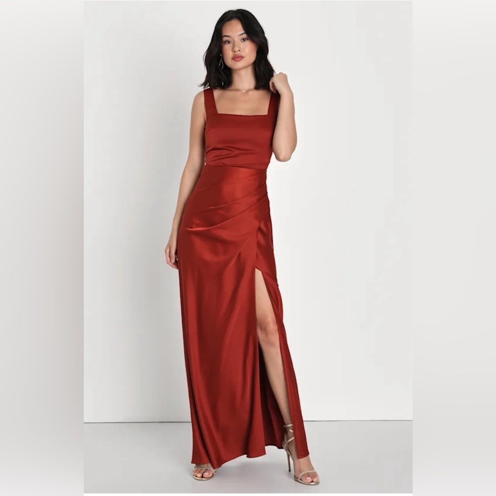 Red Carpet Romance Rust Orange Satin Square Neck Maxi Dress - size M - size 6